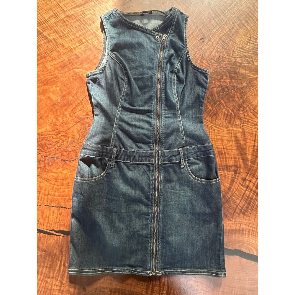 G by GUESS Blue Denim Asymmetric Moto Zip Mini Dress S - Picture 3 of 7